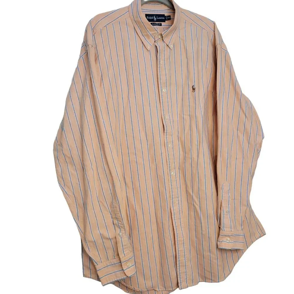 VNTG Ralph Lauren Classic Fit  Peach Orange/Blue Striped Polo Men's XXL - Picture 1 of 7